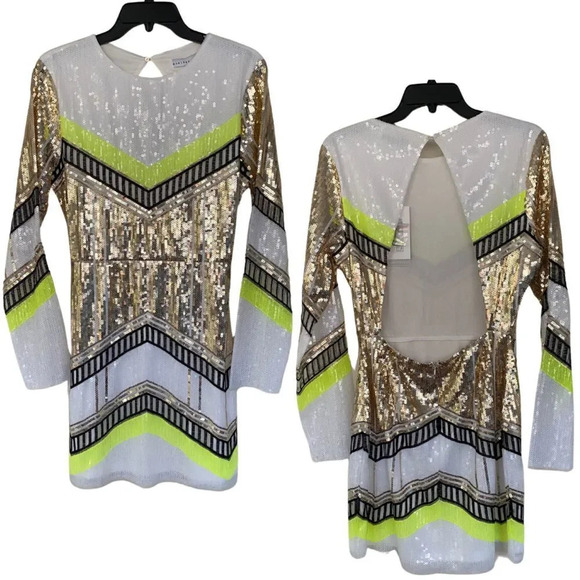 NWT, Endless Rose, Sequin Long Sleeve Mini Dress, Lime Multi, Gold, White Yellow - Picture 2 of 15